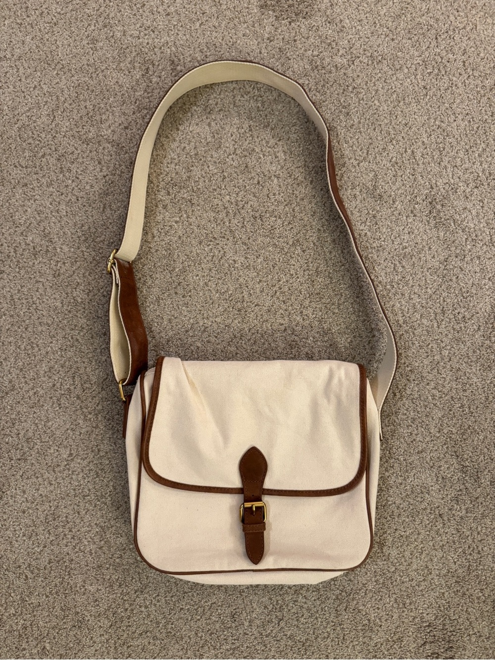 Brandy Melville Ivory Canvas Brown Leather Trim Messenger Crossbody Bag Travel